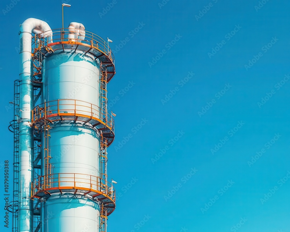 Octane plant with reflective storage spheres under blue sky, octane energy, industrial aesthetics Octane plant with reflective storage spheres under blue sky, octane energy, industrial aesthetics