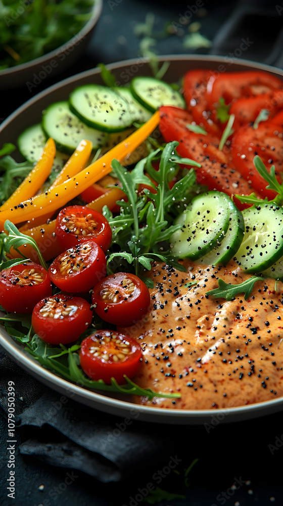A colorful salad with cucumber, tomatoes, peppers, and a creamy dressing on a dark plate. A colorful salad with cucumber, tomatoes, peppers, and a creamy dressing on a dark plate.