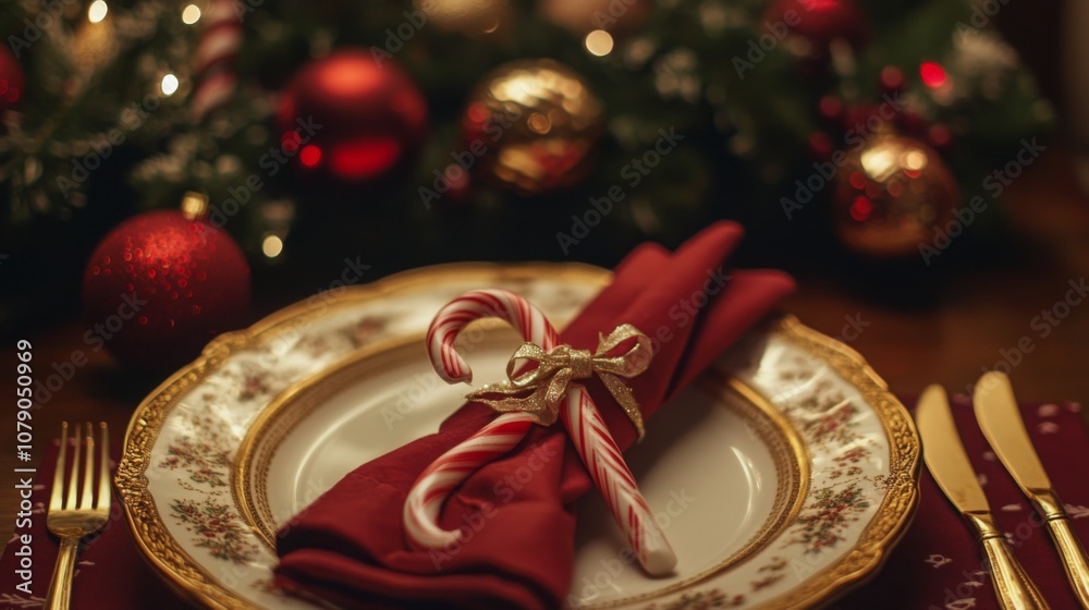 A beautifully arranged dining table features a red napkin tied with a ribbon and candy canes next to a decorative plate. A beautifully arranged dining table features a red napkin tied with a ribbon and candy canes next to a decorative plate.