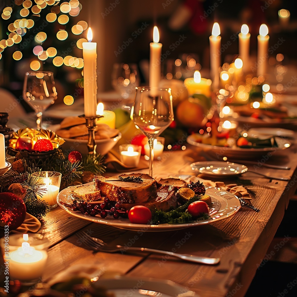Festive Feast Christmas Dinner Table with Candles and Delicious Food
