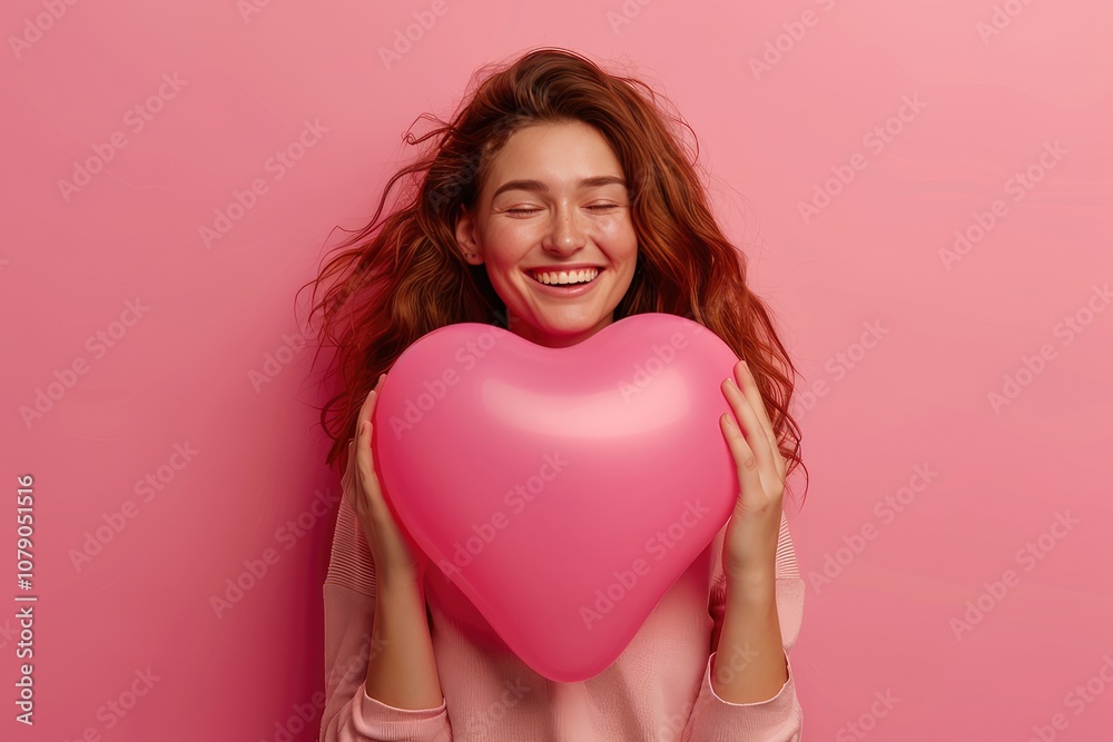 A woman is happily holding a pink heartshaped balloon in her hands A woman is happily holding a pink heartshaped balloon in her hands