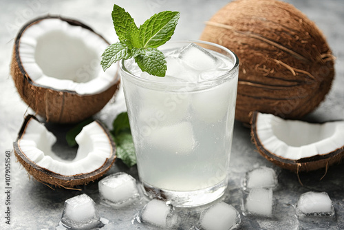 A refreshing glass of coconut water with ice cubes and mint leaves photo