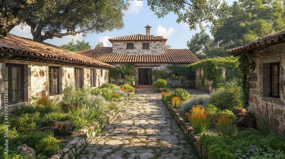A serene courtyard with stone paths and lush garden plants. A serene courtyard with stone paths and lush garden plants.