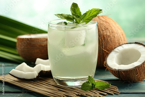 A refreshing glass of coconut water with ice cubes and mint leaves photo