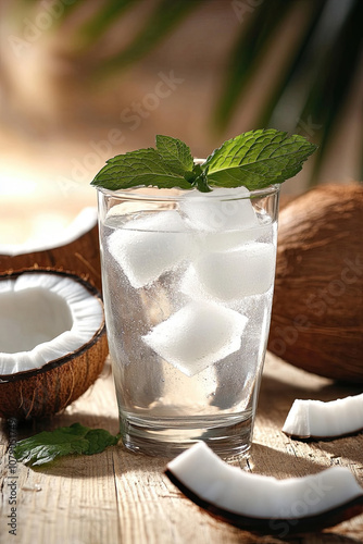 A refreshing glass of coconut water with ice cubes and mint leaves photo