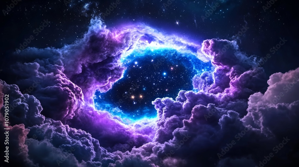 Night Sky Clouds Stars Nebula Cosmic Purple Blue Fantasy Dreamy Celestial Space Glowing Galaxy