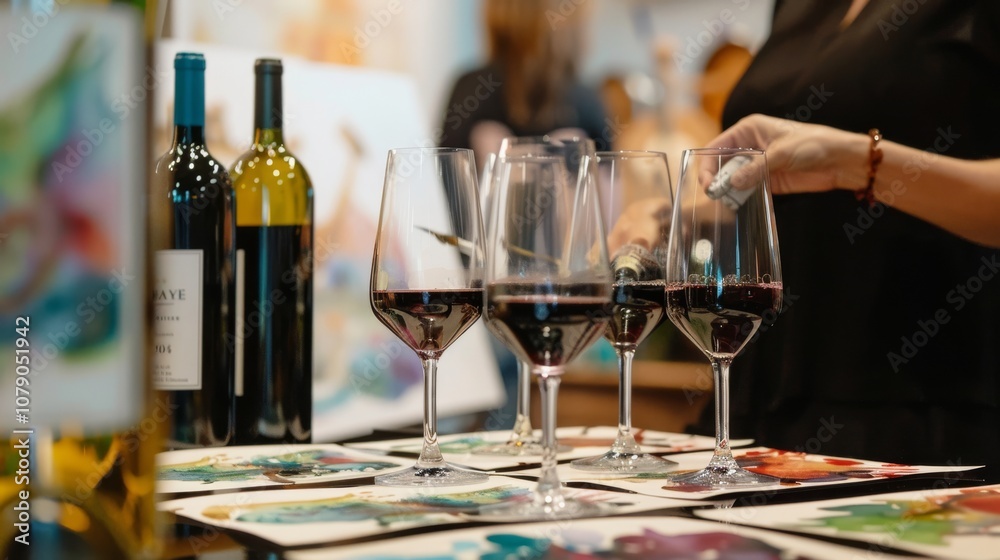 Elegant wine tasting scene with glasses, bottles, and colorful art on a table. Elegant wine tasting scene with glasses, bottles, and colorful art on a table.