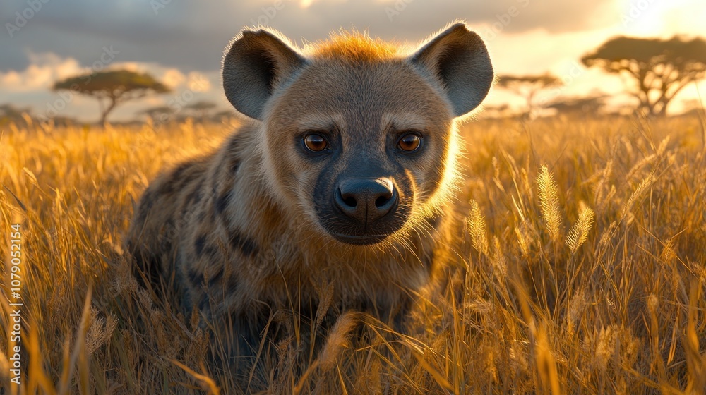 A spotted hyena cub stares intensely at the camera in a field of tall grass at sunset. A spotted hyena cub stares intensely at the camera in a field of tall grass at sunset.