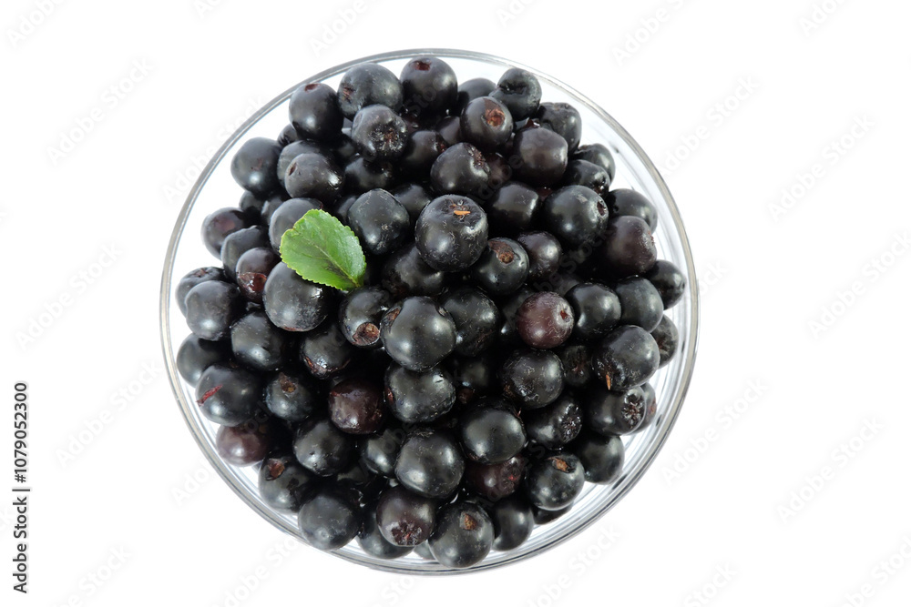 Fresh aronia berries decorated with a green leaf in a glass bowl, white background, top view Fresh aronia berries decorated with a green leaf in a glass bowl, white background, top view
