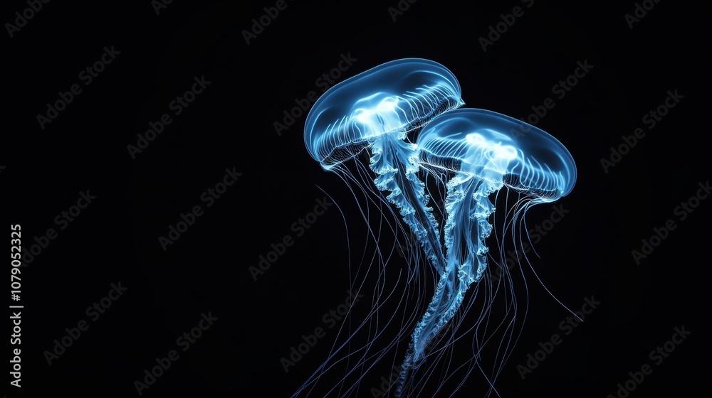 Beautiful glowing jellyfish in deep sea closeup view. Abstract background. Beautiful glowing jellyfish in deep sea closeup view. Abstract background.