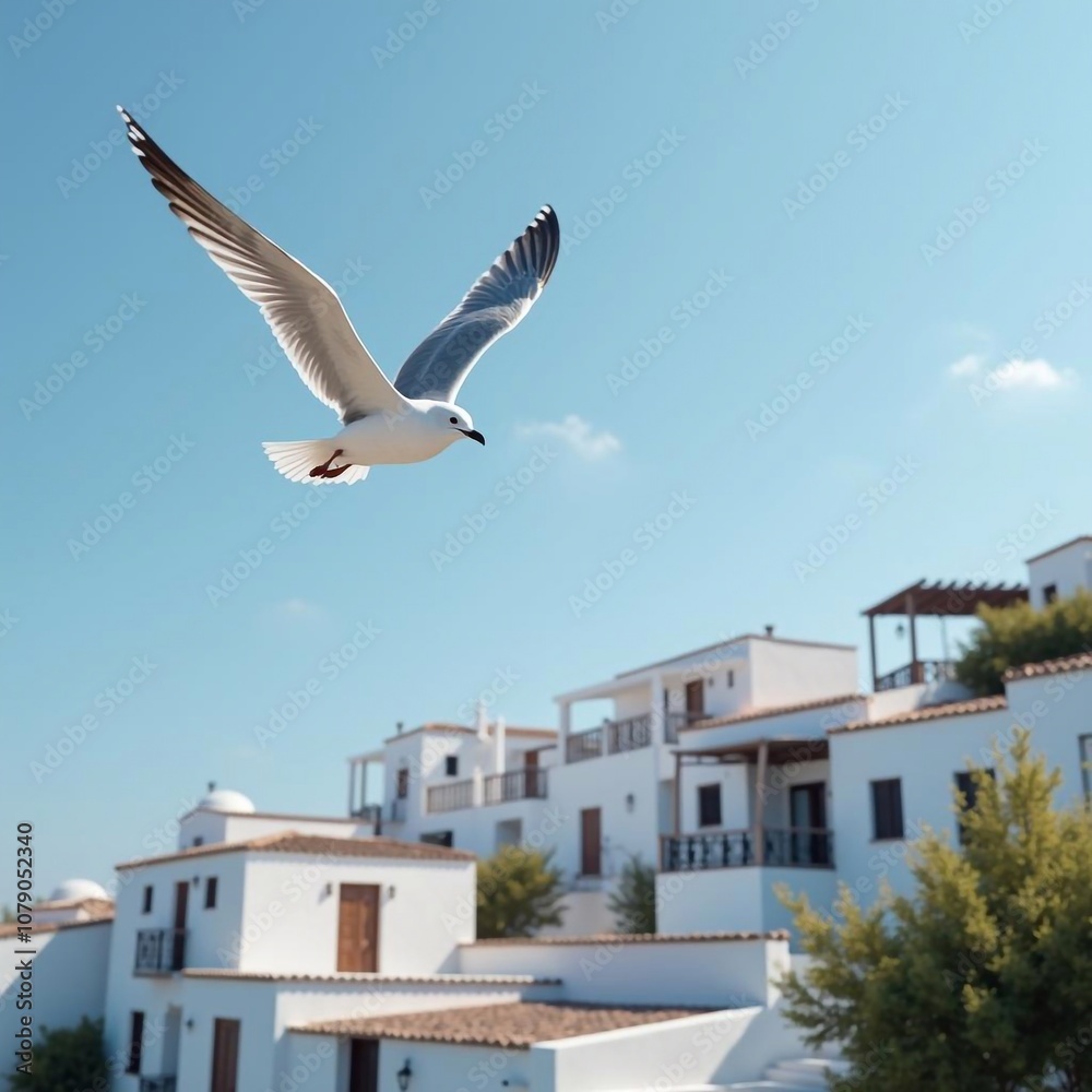 Seagull flies over the sea. Against the bright blue southern sky and white houses - generative AI