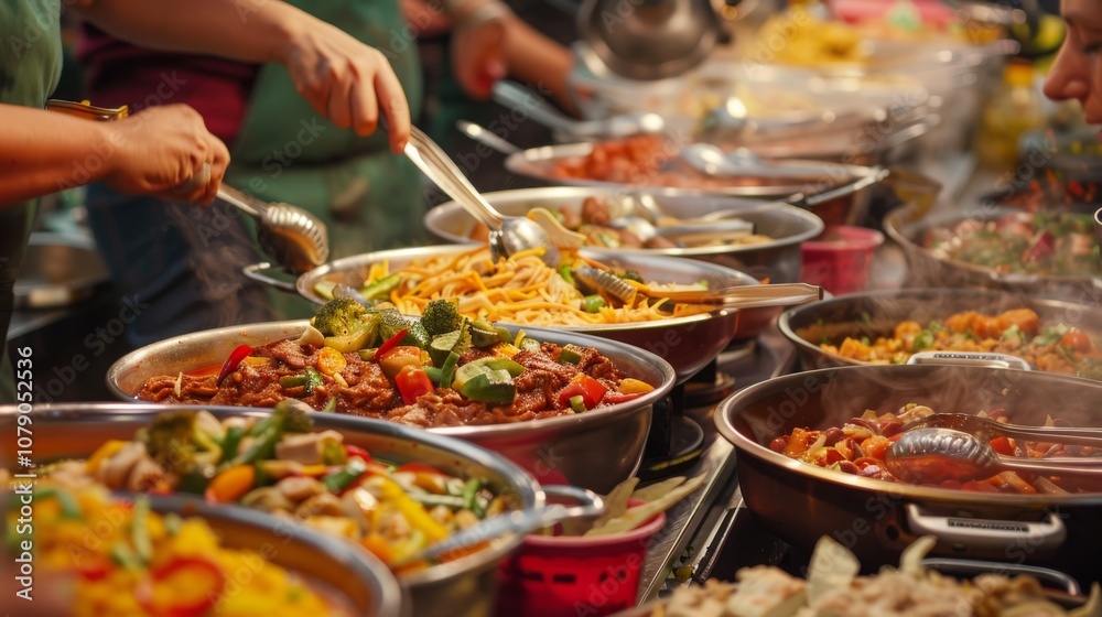 Delicious variety of dishes served in a vibrant market, showcasing colorful ingredients and bustling atmosphere. Delicious variety of dishes served in a vibrant market, showcasing colorful ingredients and bustling atmosphere.