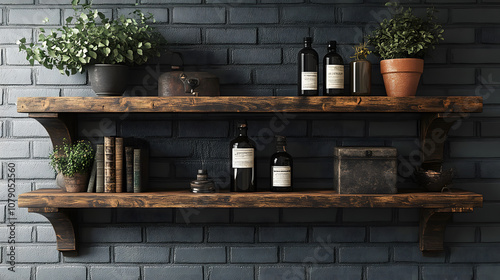 Frontal shot of a stylish shelf in a cool, modern bedroom, featuring neatly arranged decor items and personal belongings. The image captures a sleek, contemporary interior with minimalist design eleme photo