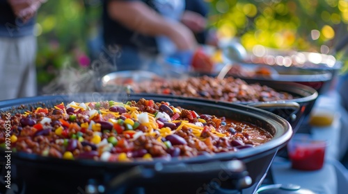 Delicious pots of chili with colorful vegetables, steaming and ready for serving at a vibrant outdoor gathering.