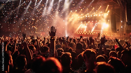 Crowd at a concert with hands raised, vibrant lights illuminating the stage and a festive atmosphere.