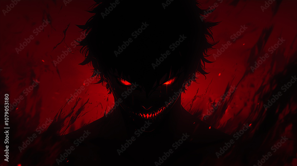 dark shadowy figure with glowing red eyes and a menacing grin emerges from a background of fiery red flames dark shadowy figure with glowing red eyes and a menacing grin emerges from a background of fiery red flames
