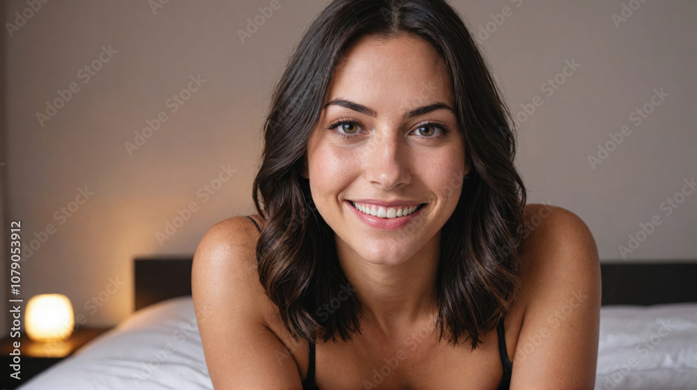 A woman with dark hair smiles from a bed A woman with dark hair smiles from a bed