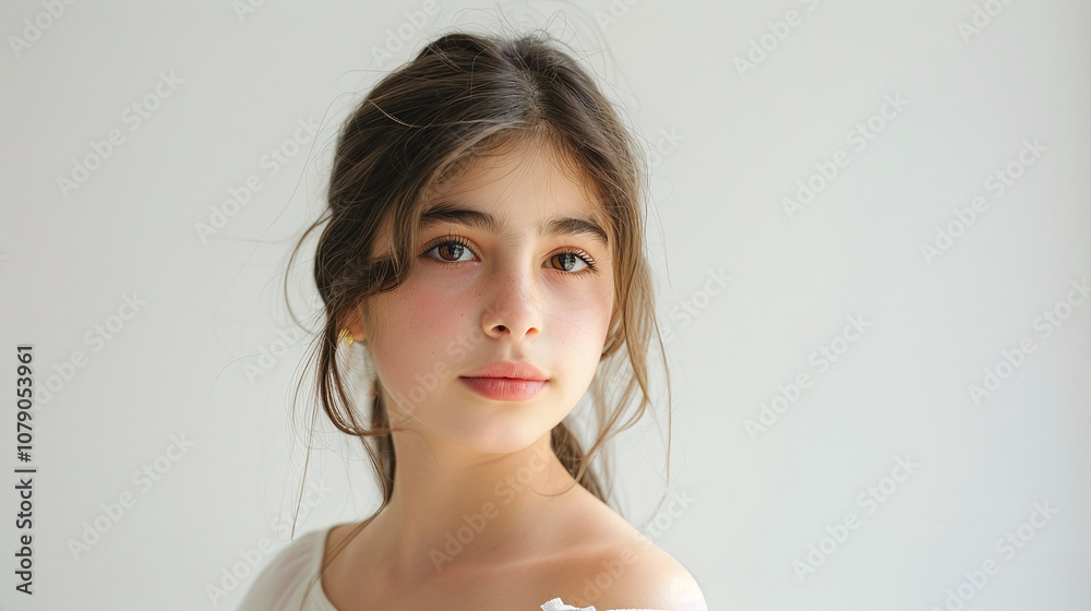 A Young Girl Poses Gracefully Against a Plain White Background, Showcasing Her Natural Beauty and Delicate Features in Soft Natural Light During a Calm Indoor Setting A Young Girl Poses Gracefully Against a Plain White Background, Showcasing Her Natural Beauty and Delicate Features in Soft Natural Light During a Calm Indoor Setting