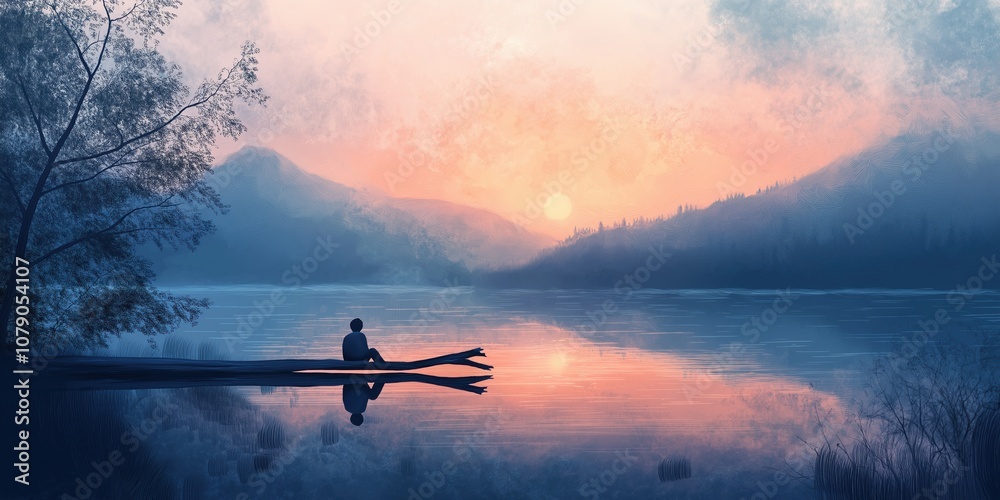 A man is sitting on a boat in a lake at sunset. The sky is a mix of pink and blue, and the water is calm. Concept of peace and tranquility, as the man enjoys the beauty of nature A man is sitting on a boat in a lake at sunset. The sky is a mix of pink and blue, and the water is calm. Concept of peace and tranquility, as the man enjoys the beauty of nature