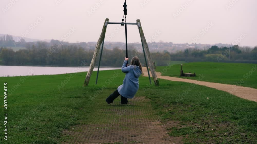 Woman on zip wire swing in park wide shot Woman on zip wire swing in park wide shot