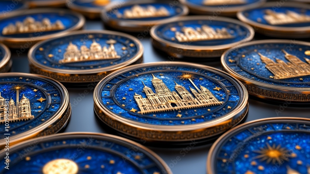Celestial Temple Coins Night Sky Gold Blue Luxury Religious Architecture Celestial Temple Coins Night Sky Gold Blue Luxury Religious Architecture