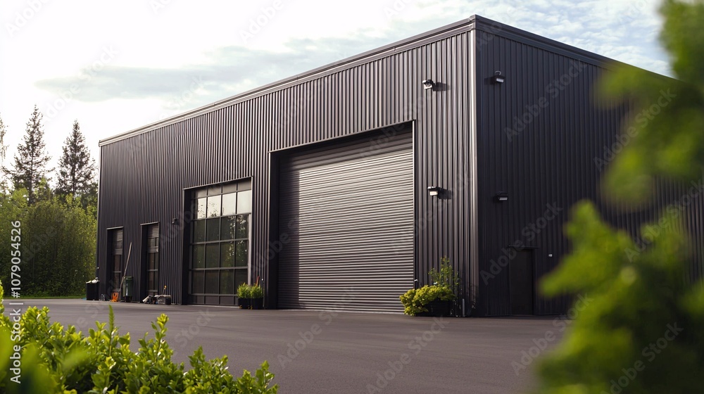 Obraz premium A modern black industrial building with large windows and a roll-up door, surrounded by greenery, showcasing contemporary architectural design.