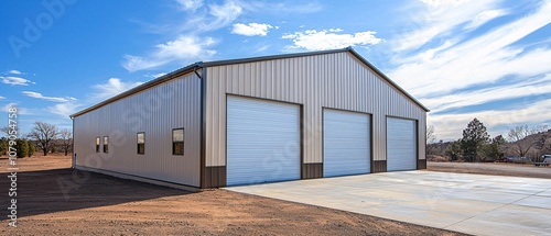 A modern metal building with multiple garage doors set against a clear blue sky. Ideal for industrial or storage purposes, showcasing contemporary design.