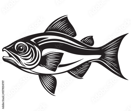Sea cod fish on a white background, Tuna fish silhouette vector illustration, Sea fish silhouette icon