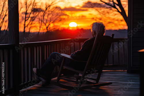 Elderly person sitting in a rocking chair on a porch, watching the sunset photo