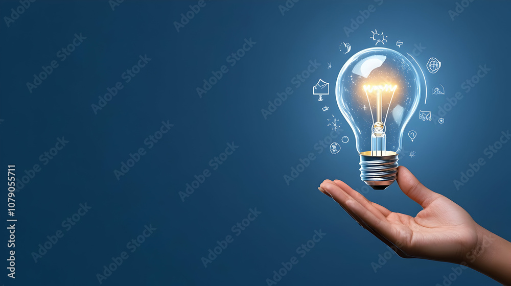 Hand-holding lightbulb icon with various symbols on blue background, representing ideas and innovation