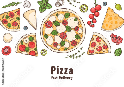 Hand drawn set of pizza. Italian pizza design template. Vector illustration