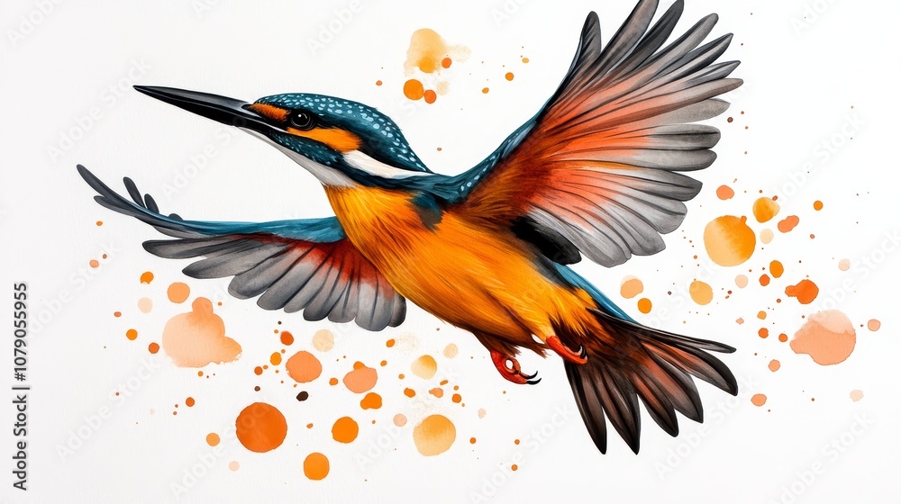 Fototapeta premium Vibrant Kingfisher in Flight Watercolor Bird Painting Wildlife Art