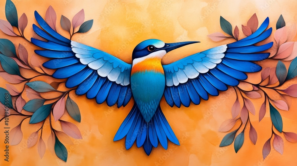 Obraz premium Vivid Blue Bird Artwork Wings Spread Leaves Orange Background Nature Illustration Artistic Design