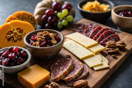 charcuterie board with roasted pumpkin, walnuts  and a cranberry chutne with grapes on wooden background photo