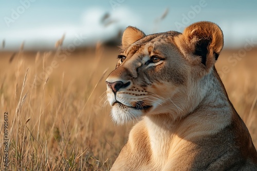 Attentive Lioness in Golden Grassland, Focused and Peaceful photo