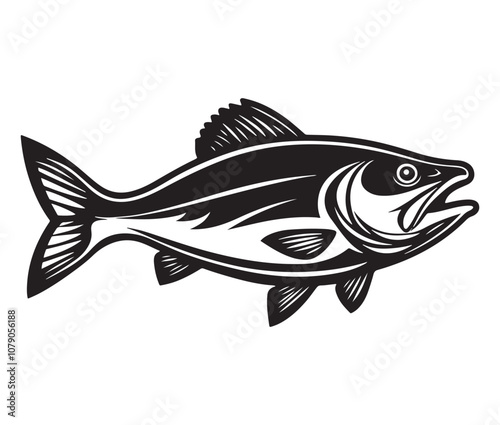 Sea cod fish on a white background, Tuna fish silhouette vector illustration, Sea fish silhouette icon