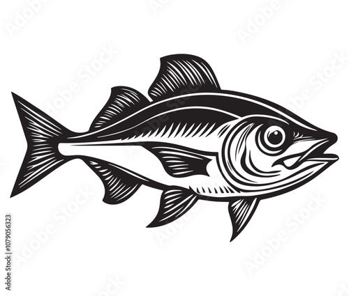 Sea cod fish on a white background, Tuna fish silhouette vector illustration, Sea fish silhouette icon