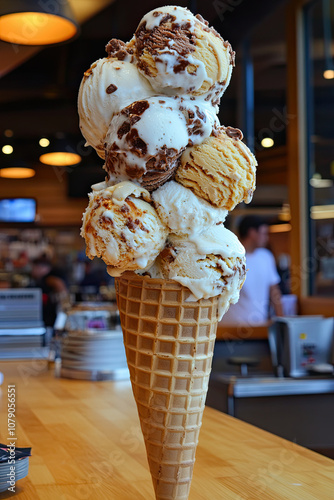 Towering ice cream cone with multiple scoops photo