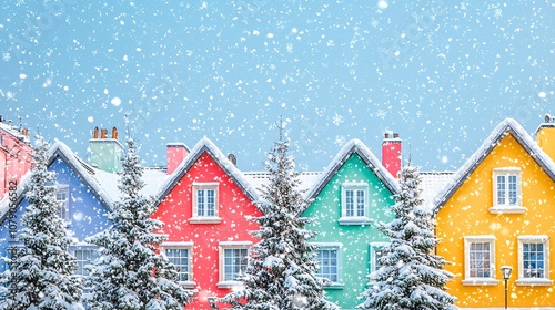 Colorful houses blanketed in snow create a picturesque winter scene, showcasing vibrant architecture against a serene, snowy backdrop.