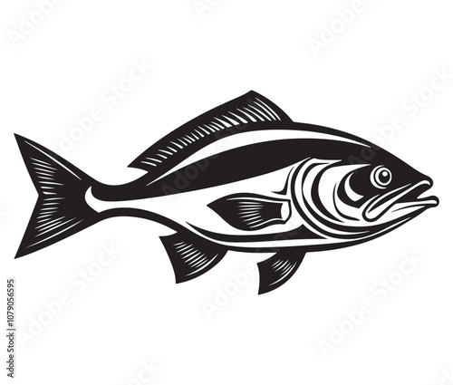 Sea cod fish on a white background, Tuna fish silhouette vector illustration, Sea fish silhouette icon