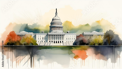 Watercolor U.S. Capitol, vibrant summer foliage. Historical building and park, American architecture