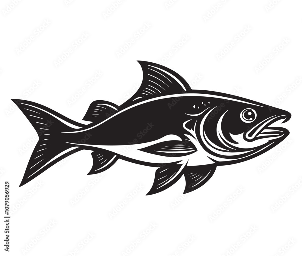 Fototapeta premium Sea cod fish on a white background, Tuna fish silhouette vector illustration, Sea fish silhouette icon