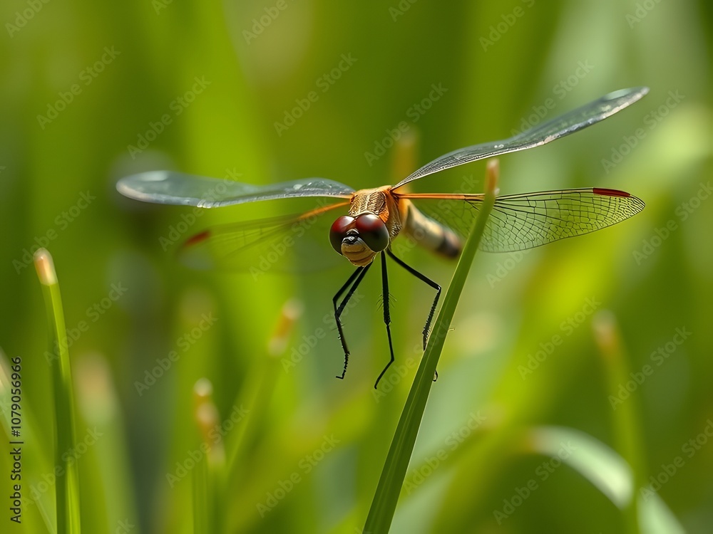 Macro Shot of Vibrant Dragonfly on Leafy Green Background Macro Shot of Vibrant Dragonfly on Leafy Green Background