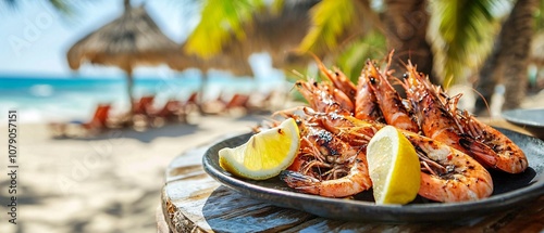Delicious grilled shrimp served with fresh lemon wedges on a beachside table. The vibrant colors of the ocean and lush palms complete the scene.