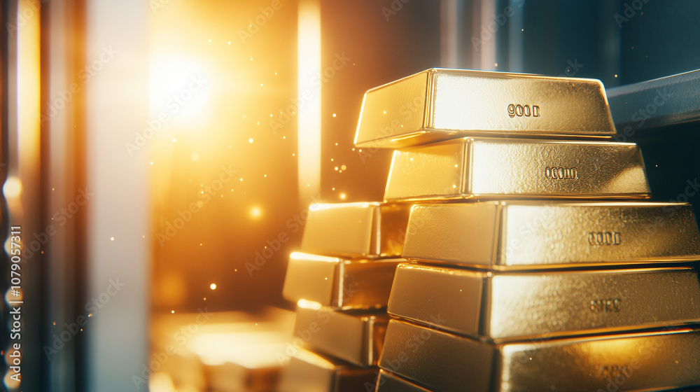 A Brilliant Display of Gold Bars Neatly Stacked in a Secure Bank Vault Under a Soft Spotlight With a Partially Open Heavy Door A Brilliant Display of Gold Bars Neatly Stacked in a Secure Bank Vault Under a Soft Spotlight With a Partially Open Heavy Door