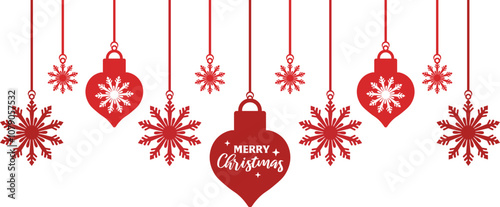 A vector illustration of festive Merry Christmas banner with hanging red christmas decorations, snowflakes ornaments and xmas baubles on a white background, for decorating websites, marketing material