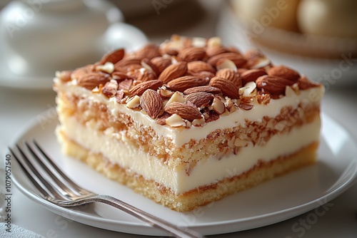 A close-up of a slice of cake with almond topping. The cake is white with layers of vanilla custard and light brown cake.