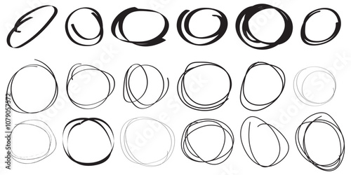 Hand drawn ovals and circles set. Ovals of different widths. Highlight circle frames. Ellipses in doodle style. Set of vector illustration isolated on white