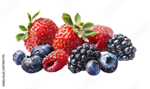 Fresh assortment of strawberries, blackberries, and blueberries on a transparent background, vibrant and appetizing. Cut out or PNG.