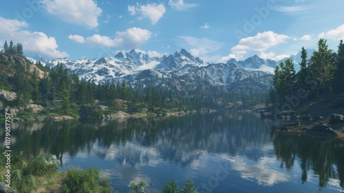 Breathtaking Alpine Landscape with Pristine Mirror-Like Lake Reflecting Snow-Capped Mountains and Lush Evergreens, Clear Blue Sky and Fluffy Clouds, Illuminated by Warm Sunlight.